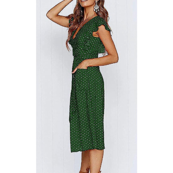 Unbranded Women's Green Polka Dot Button Down Swing Midi Dress Size Small - Picture 3 of 11